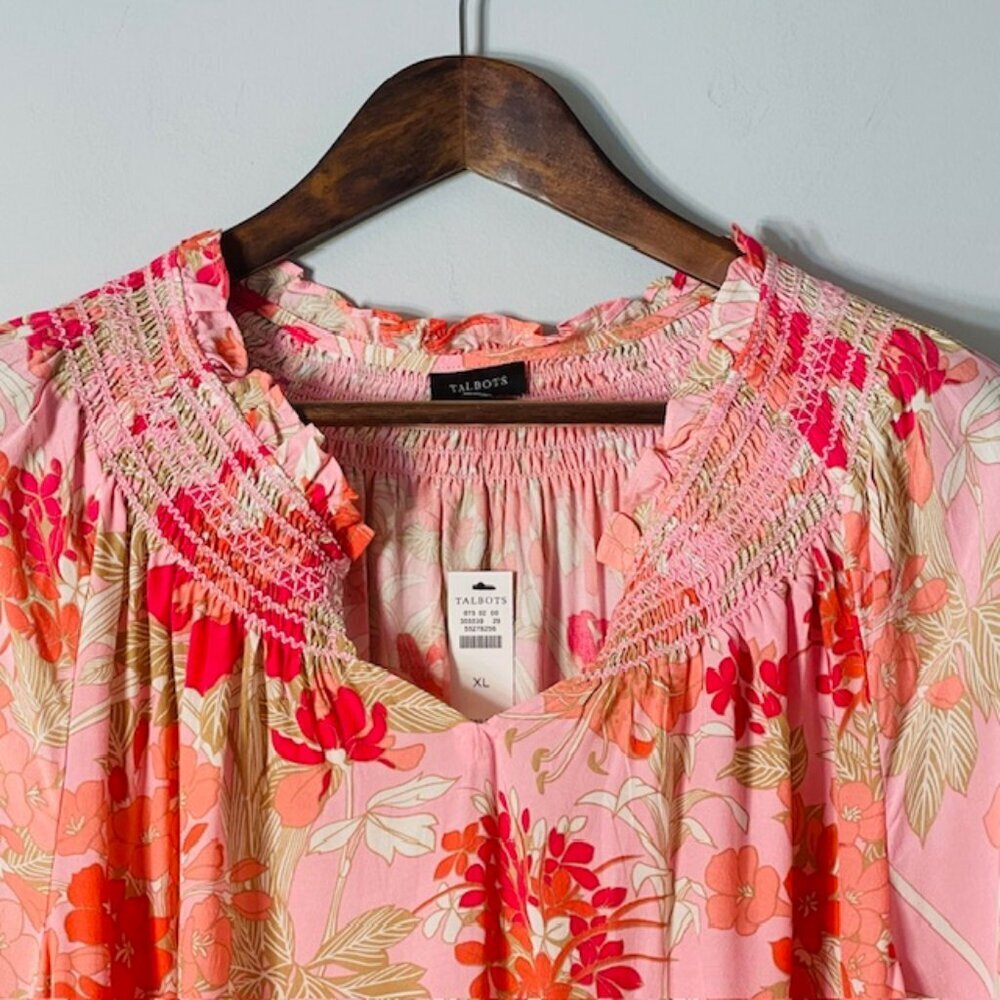 Talbots NWT Smocked Floral Soft Flowy Blouse Vibrant Pink NEW XL - Picture 3 of 6